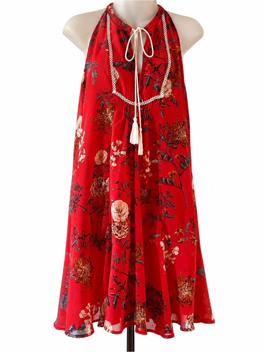 Miss Me Red Floral Halter Mini Dress Boho Tassel Tie Lace Trim L